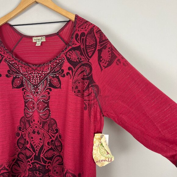 ONE WORLD Top Womens 2X Red Studded Metallic Tattoo Stencil 3/4 Sleeve Plus New - Picture 6 of 13